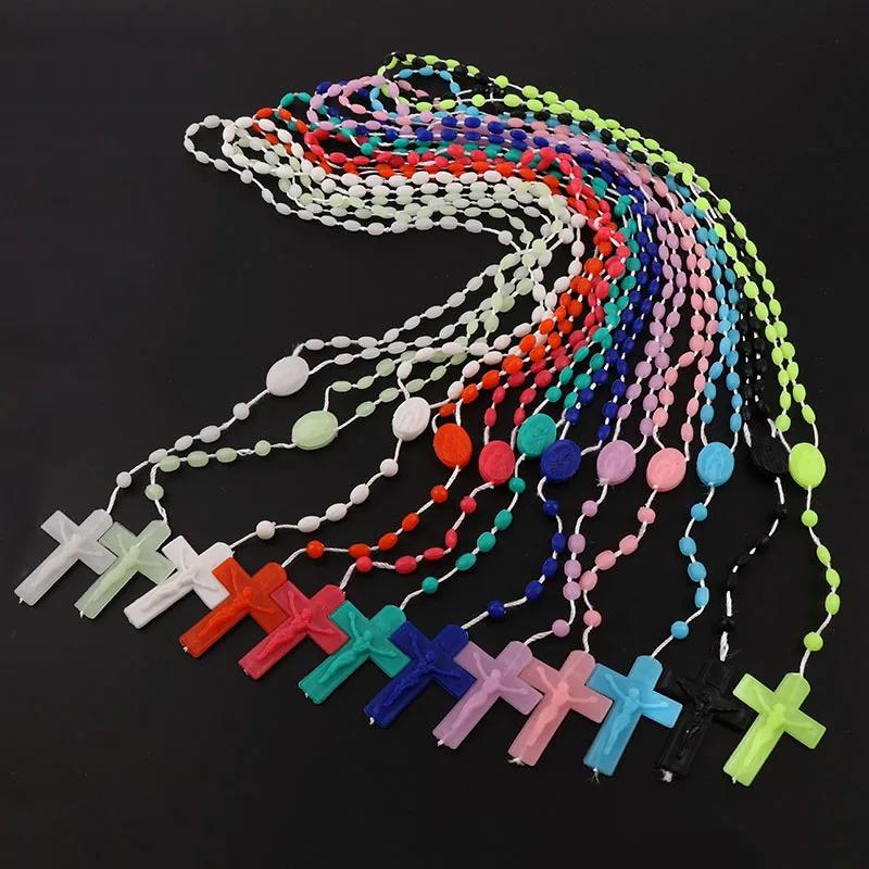 Chapelet multicolore, perles de prière, classique, vieux pendentif croix en plastique, colliers, bij