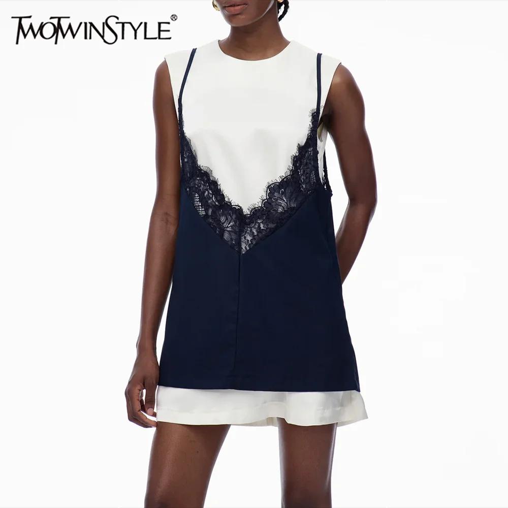 TWOTWINSTYLE Hit couleur épissé dentelle robes décontractées pour les femmes col rond sans manches b