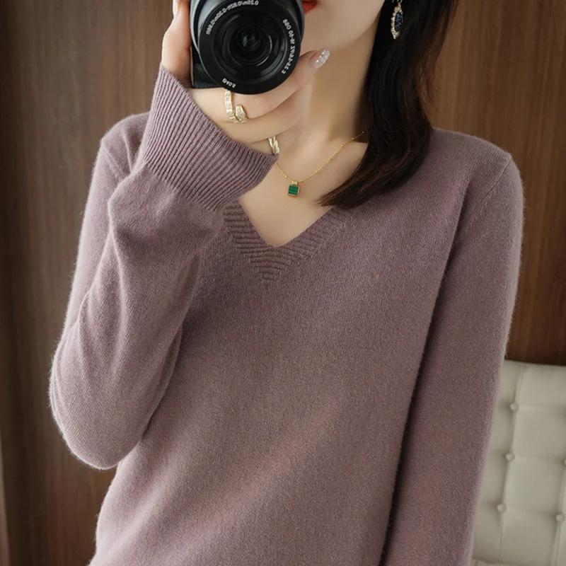 Pull en cachemire à col en V pour femme, col en dentelle, design évidé, décontracté, manches longues