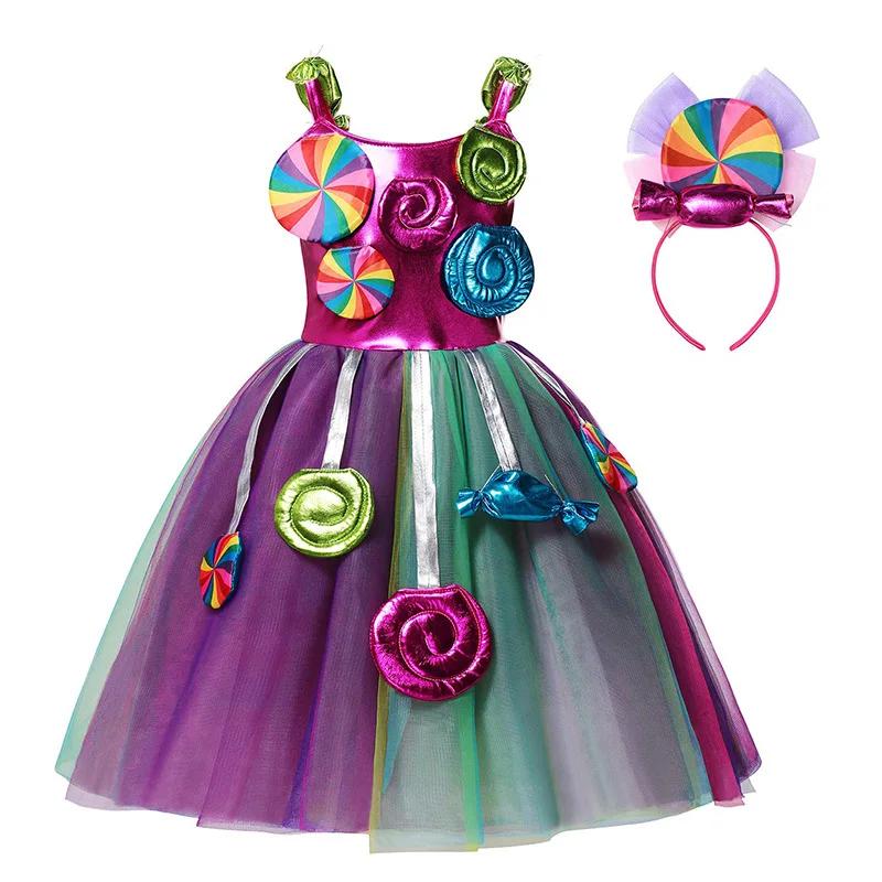 Filles arc-en-ciel sucette Costume princesse robe pourim Festival bonbons robe fantaisie carnaval an