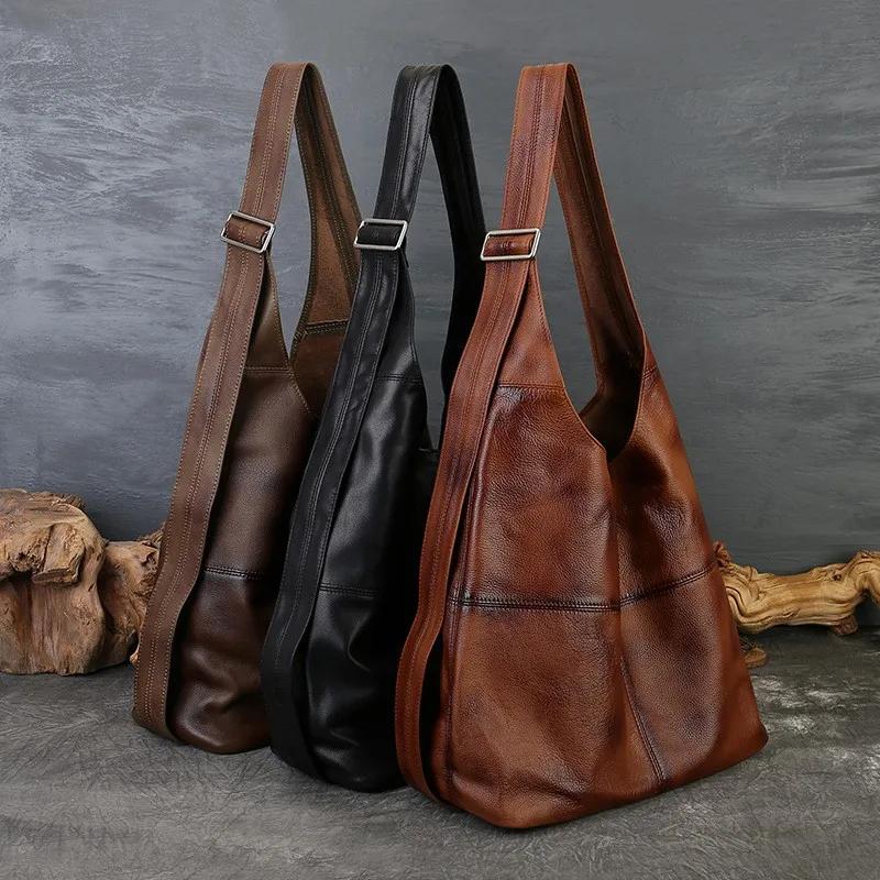 Sac fourre-tout Johnature 2026 en cuir véritable grande capacité, style vintage, en cuir de vachette
