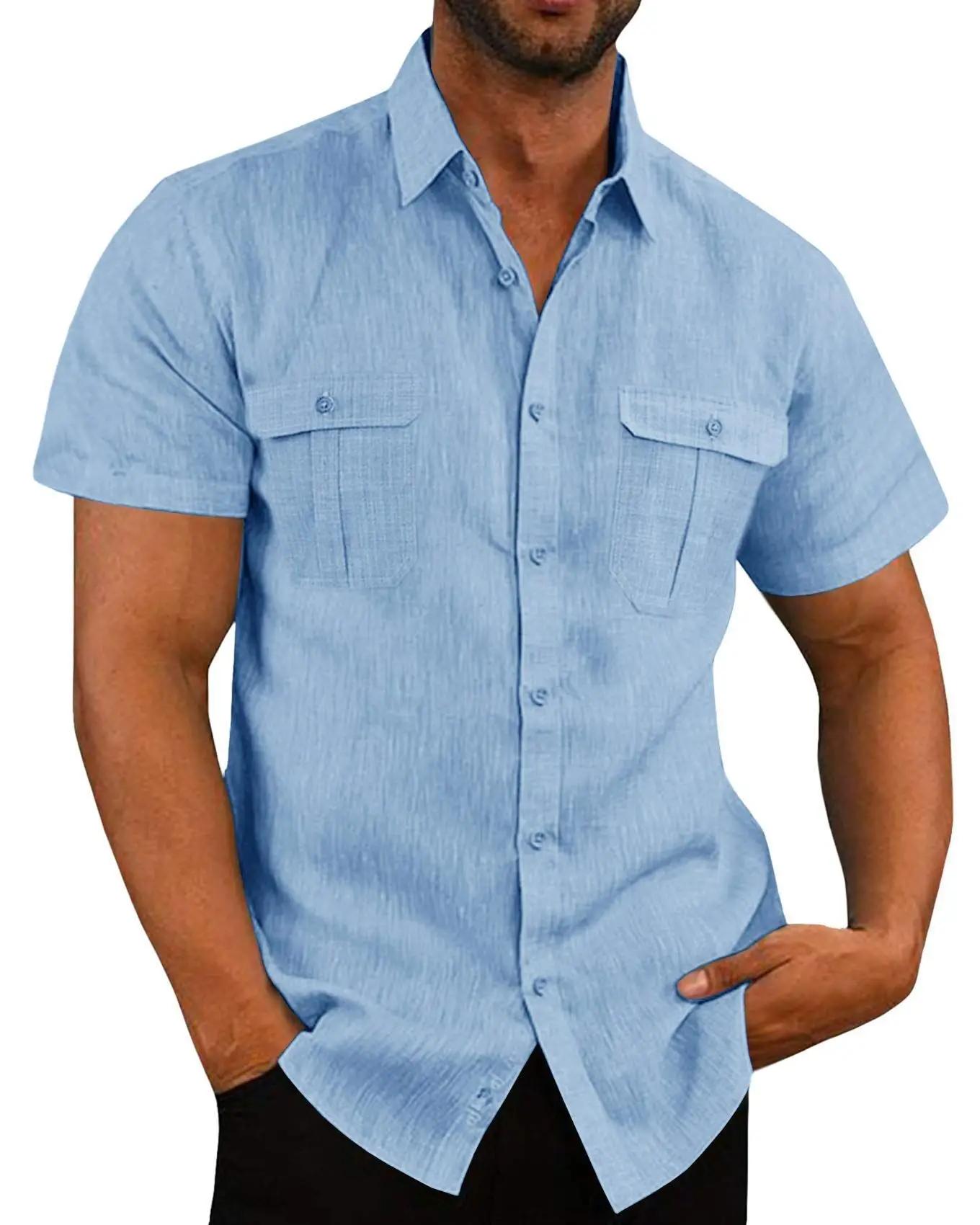 Chemises à manches courtes pour hommes en coton et lin, vente chaude, couleur unie, col confortable,