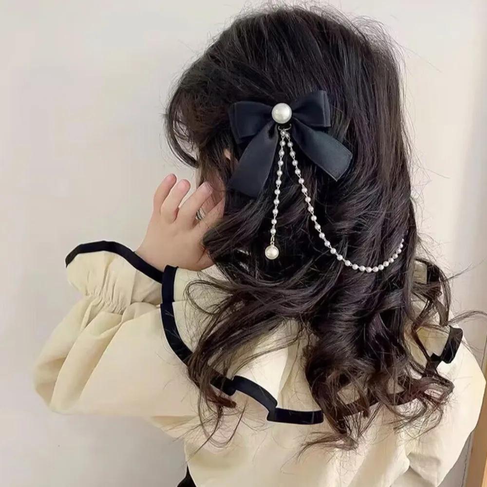 Pince à cheveux avec nœud en chaîne de perles roses, Style princesse doux, épingles à cheveux mignon