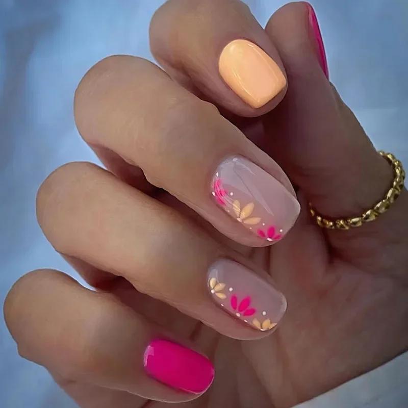 24 pièces court rétro fleur Design ongles Art manucure rose faux ongles portable carré faux ongles p
