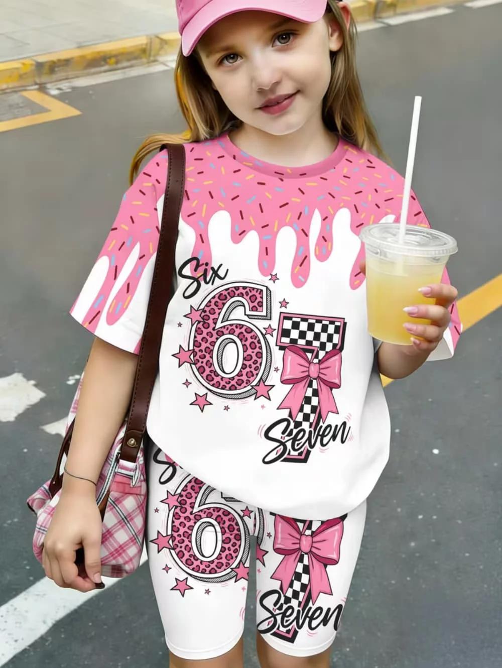 Summer Italian Brainrot 67 Six Seven Cartoon Print Sports Children's Set Short Sleeved Shorts 2PCS S