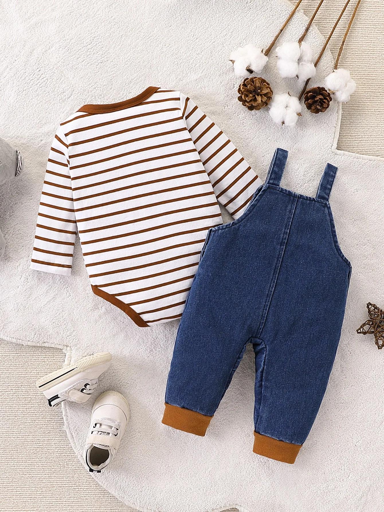 Combinaison rayée rouge et blanche pour bébé garçon + salopette en jean à motif de chiot mignon, ten