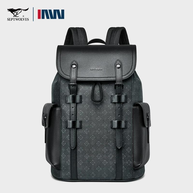 Septwolves haute qualité affaires imprimé sac à dos en cuir homme concepteur cordon Flip monogramme
