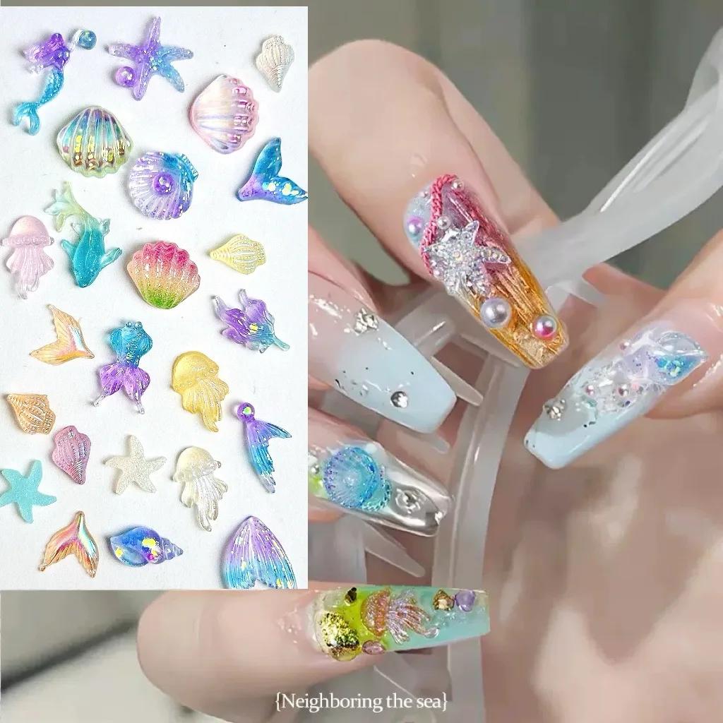 Accessoires de la série océan pour Nail Art, résine 3D dégradée, sirène, coquille de dauphin, étoile