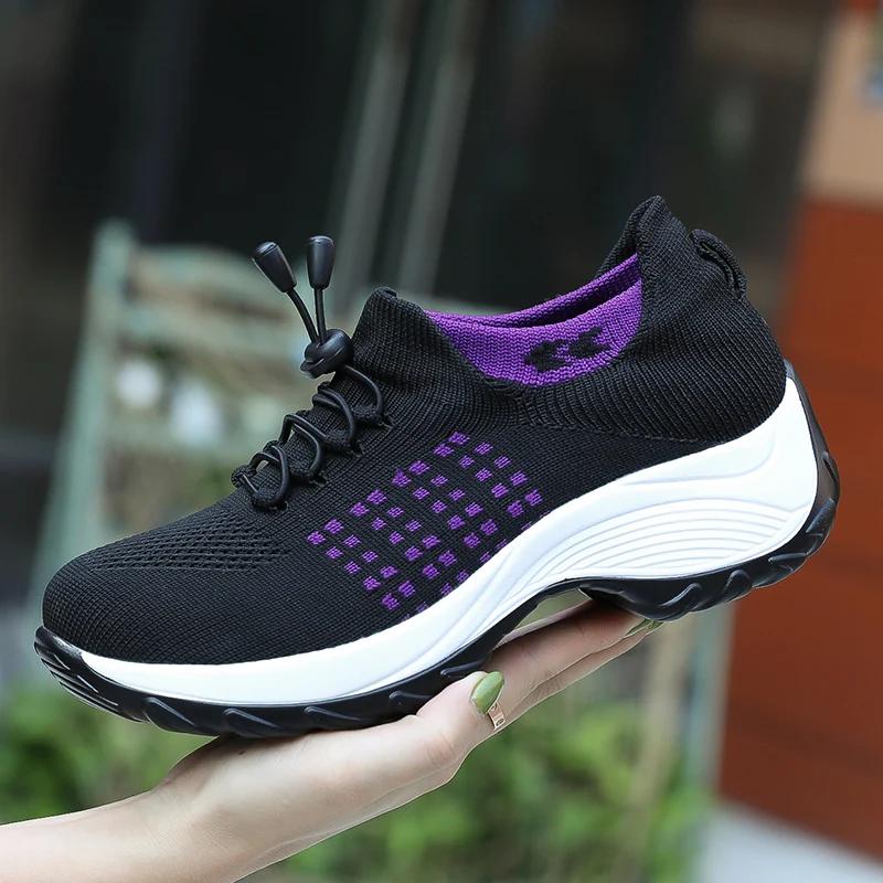 Femmes marche formateurs mode mouche tissage chaussette baskets respirer confort chaussures d'allait