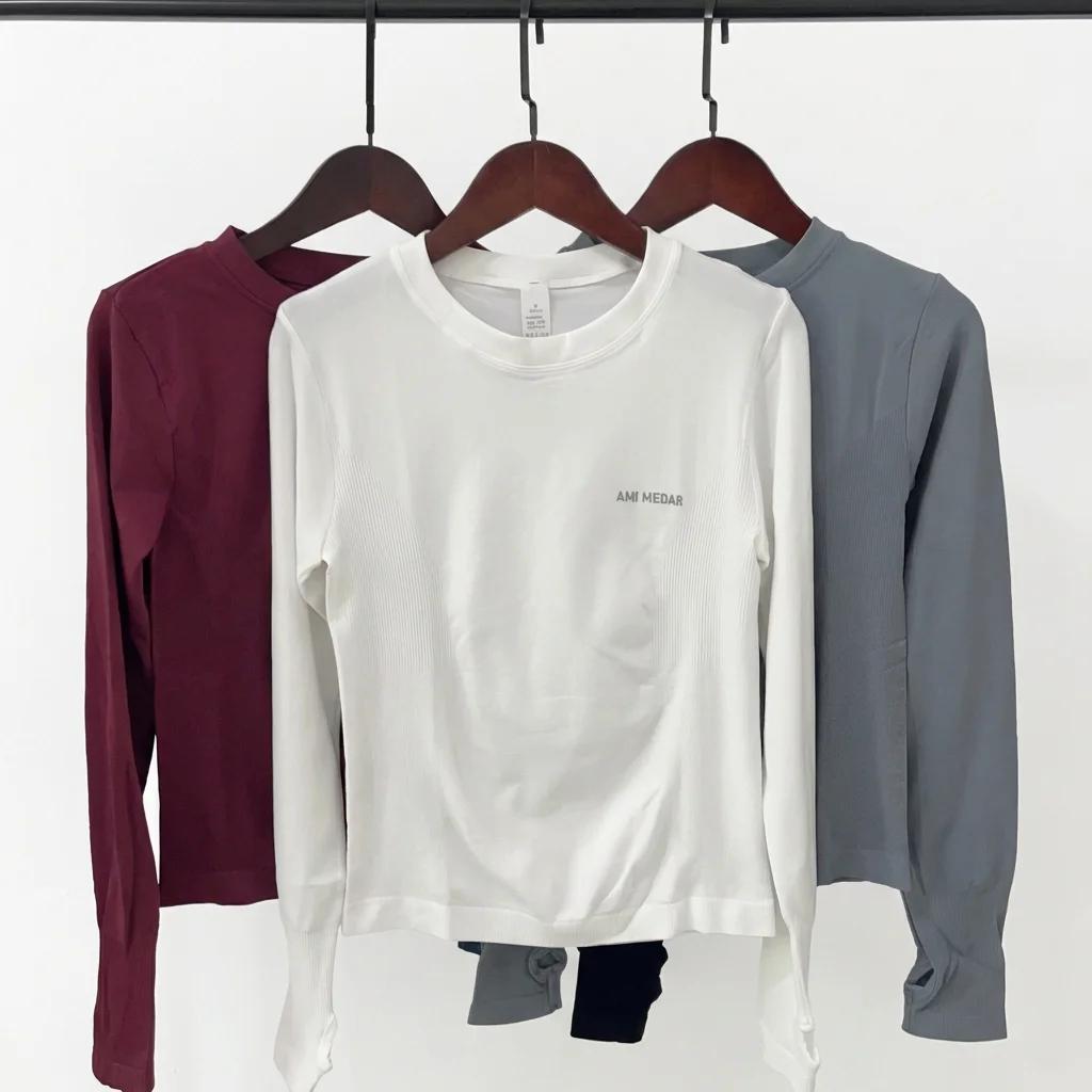 Haut de yoga pour femmes, chemise sans couture, t-shirts de sport, vêtements de fitness, manches lon