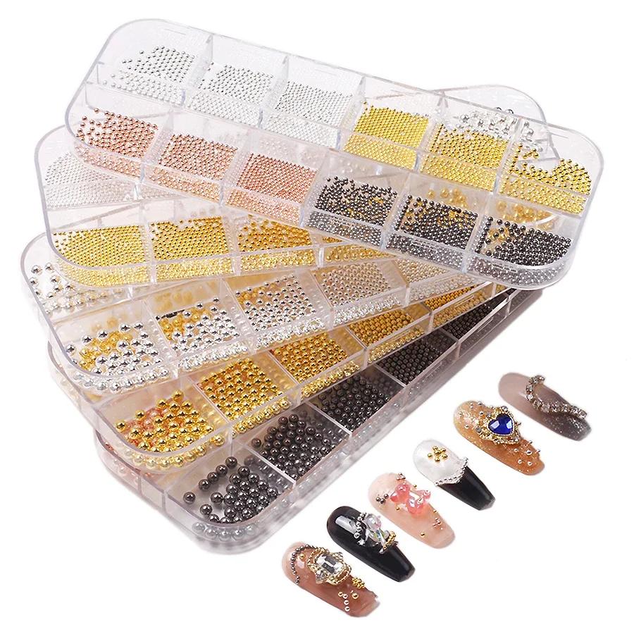 Perles de Caviar à 12 compartiments, accessoires métalliques pour Nail Art, perles en métal avec boî