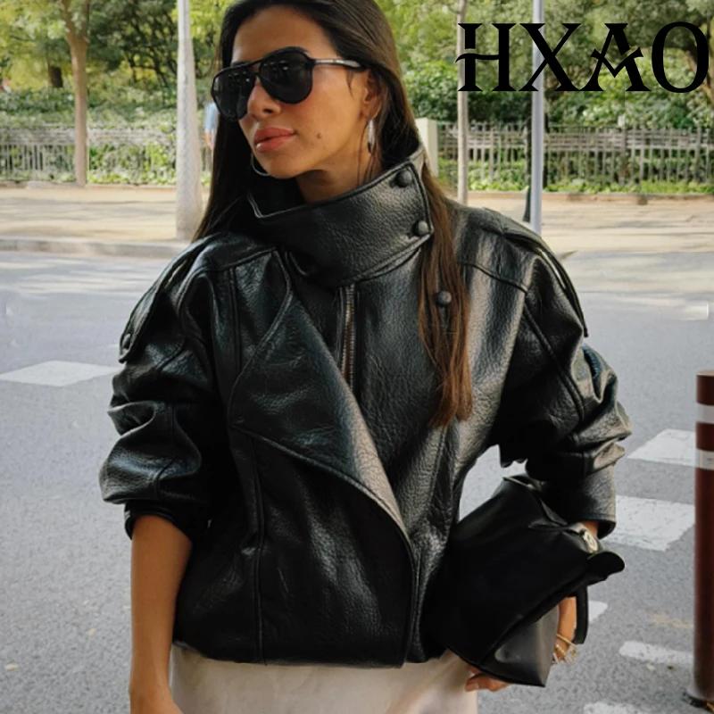 HXAO veste noire manteau femme veste en simili cuir vêtements d'extérieur Demi-saison Bomber Moto Bi