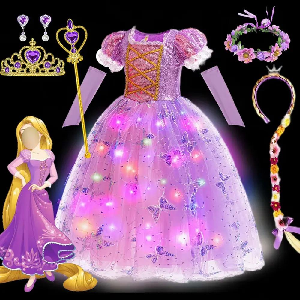 Robe de princesse Rapunzel lumineuse 2026 pour fille, robe de bal LED, robe de Noël lumineuse, robe