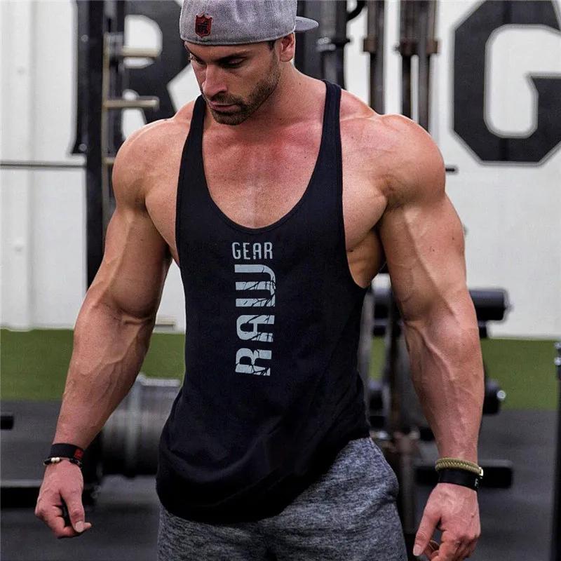 Nouveaux hommes coton débardeurs gym fitness muscle chemise sans manches mâle impression maillot de