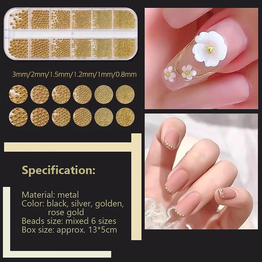 Perles de Caviar à 12 compartiments, accessoires métalliques pour Nail Art, perles en métal avec boî