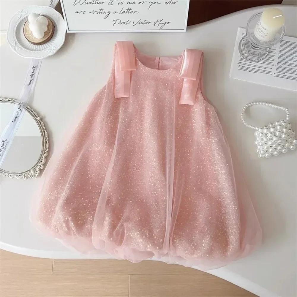 Robe d'été en dentelle à paillettes pour filles, tenue de princesse à bulles, avec nœud, Version cor