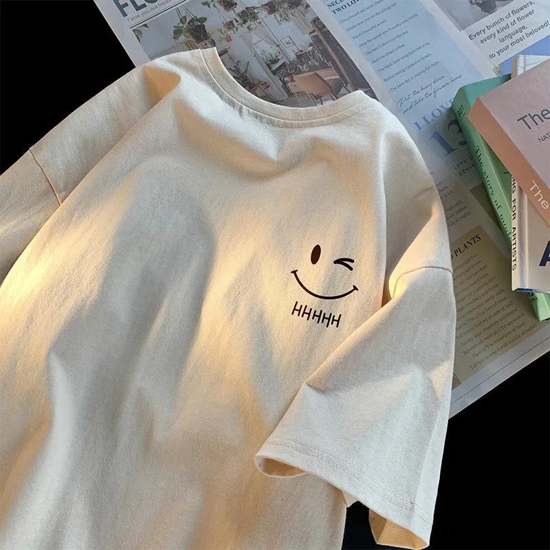T-shirt à manches courtes pour hommes et femmes, visage souriant, drôle, mode Couple, basique améric