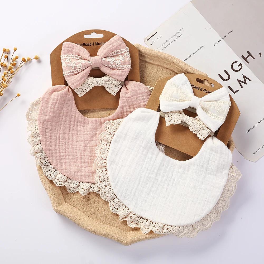 3 pièces/ensemble solide mousseline coton bambou bébé bavoir gland dentelle garçon fille alimentatio
