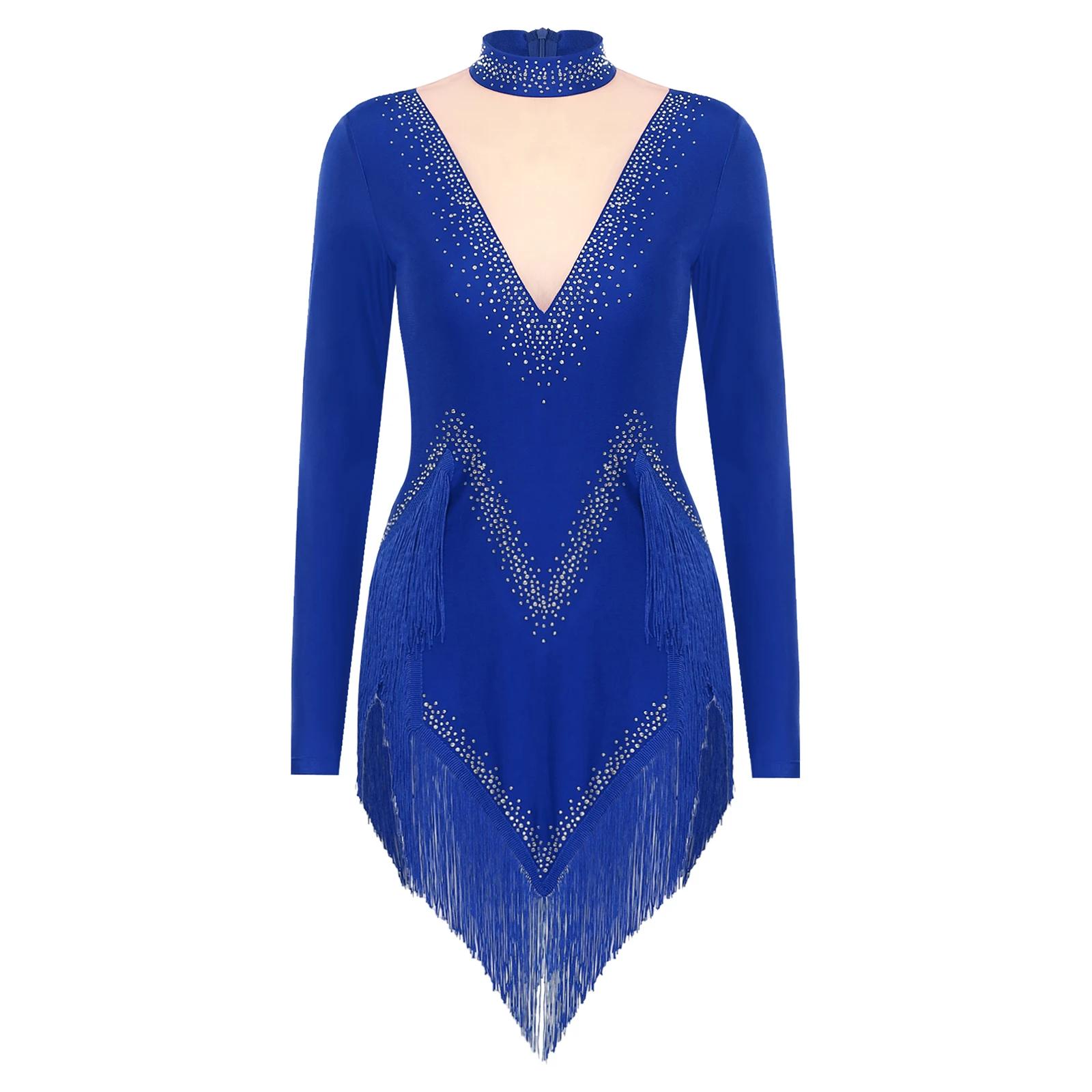 Body de danse latine à franges pour femmes, robe justaucorps à manches longues, vêtements de danse S