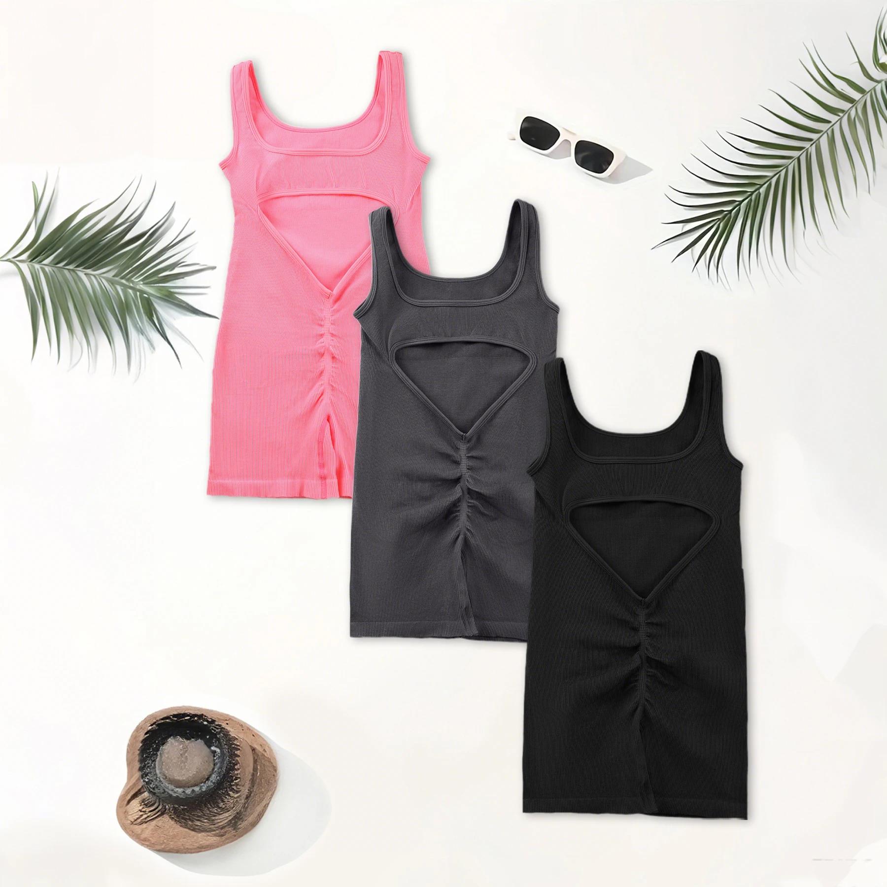 Combinaison de Yoga dos nu, 1 pièce, col en U, sans manches, combinaison de sport, couleur unie, fil