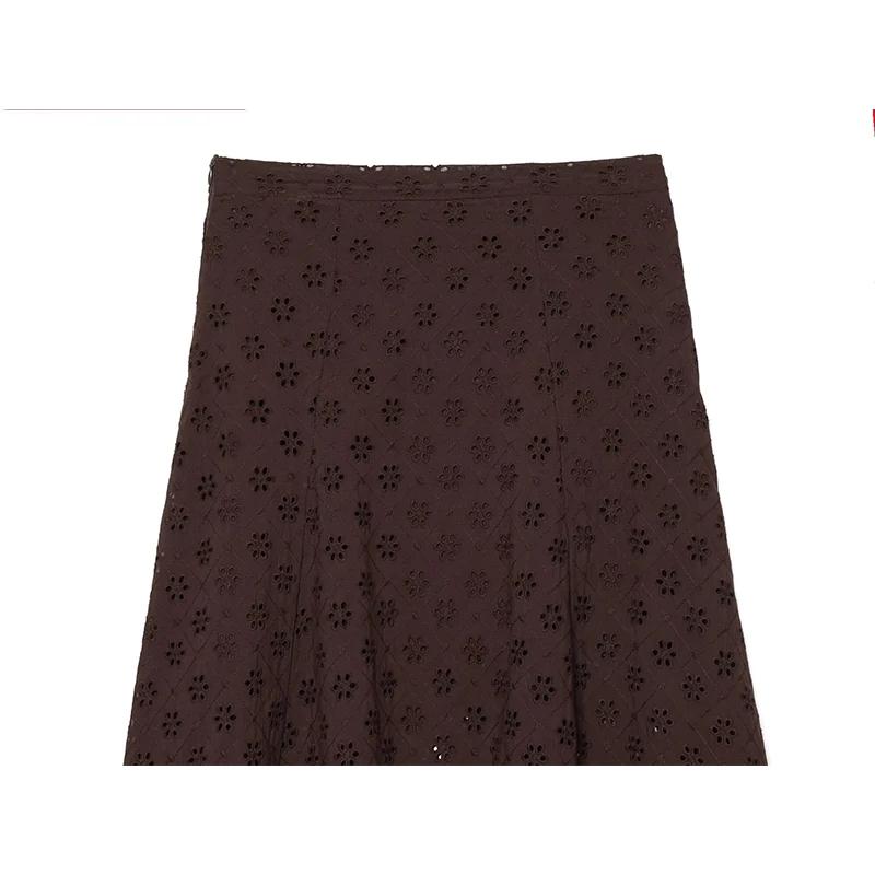 YENKYE Nouvelle jupe midi marron brodée ajourée pour femme 2026, décontractée, taille haute, coupe t