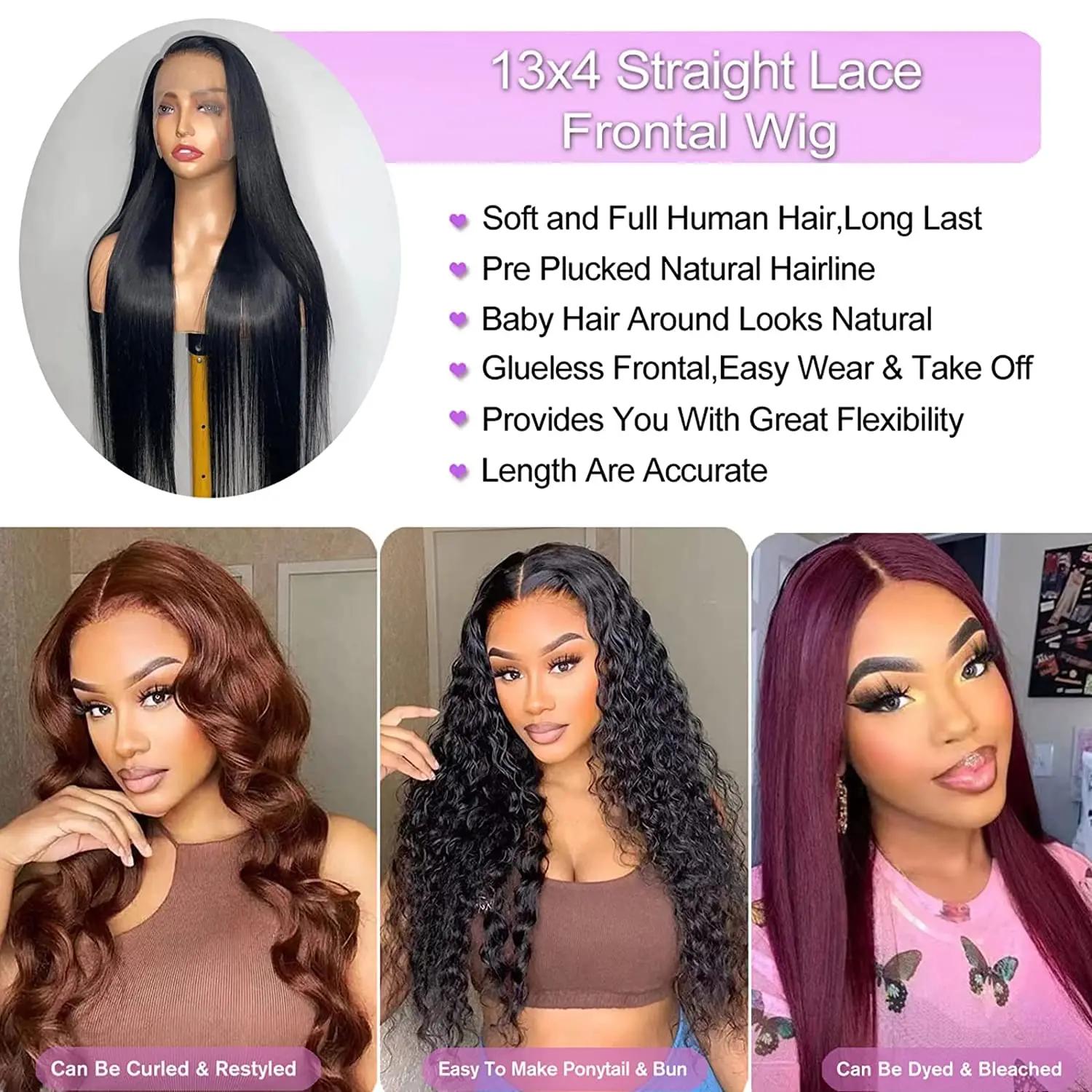 Perruque Lace Front Wig Naturelle Lisse, Cheveux Humains, 13x6, 13x4, 360 HD, 5x5, 6x4, 4x4, Closure