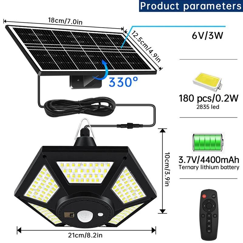 Lampe solaire suspendue avec télécommande, 180 LED, 1000lm, luminaire d'intérieur et d'extérieur, id