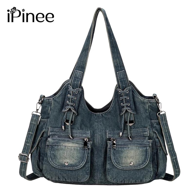IPinee-Sac en jean bleu vintage pour femme, sac à main à bandoulière, portefeuille initié, grande ca
