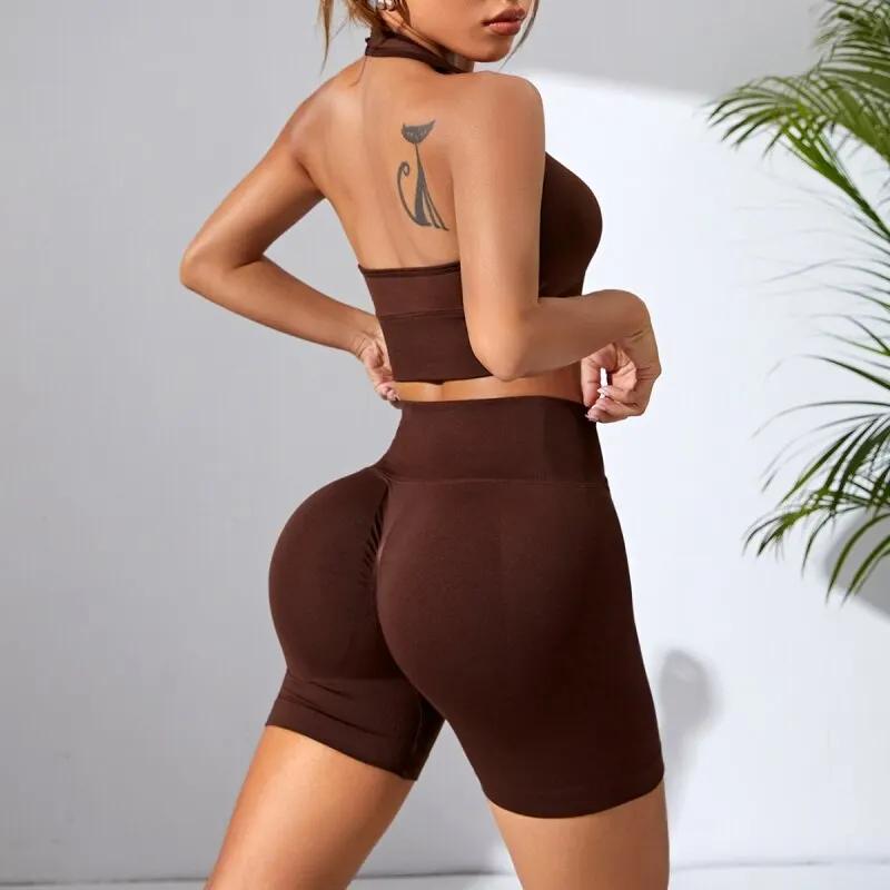 Ensemble fitness sexy 2 pièces sans coutures - Soutien-gorge sport + shorts yoga hip lift