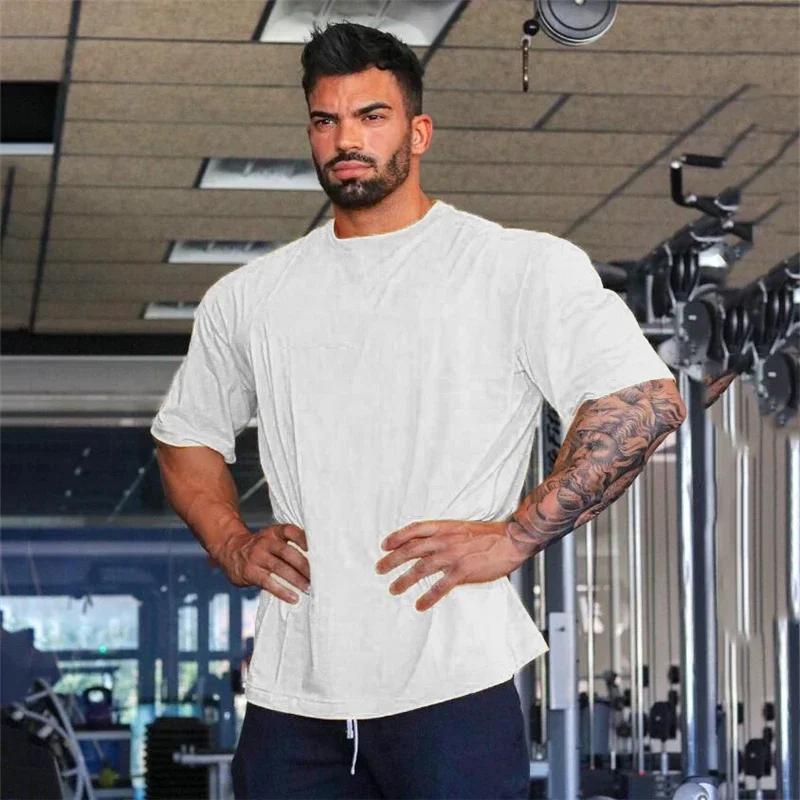 Couleur unie Gym course Sport vêtements Fitness surdimensionné chemise en coton ample hommes Hip Hop