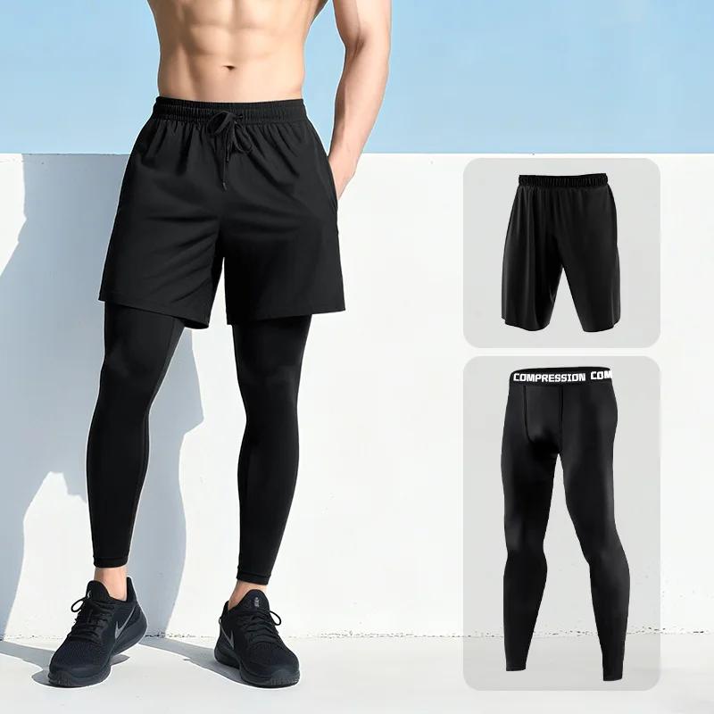 Pantalons de Compression pour hommes avec short, Leggings d'entraînement de course à pied, haute éla