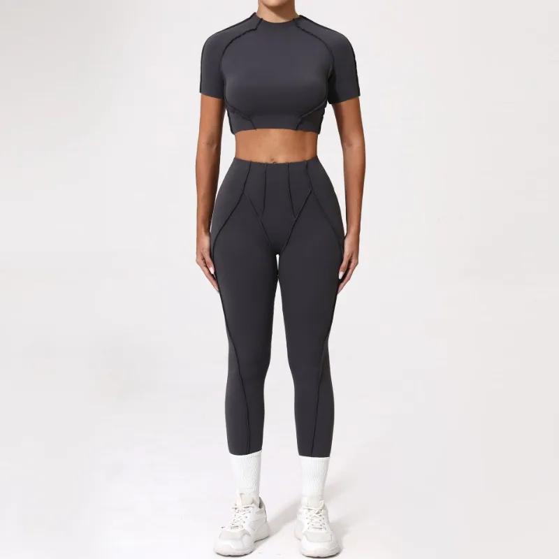 Combinaison yoga fitness femme - Haut manches courtes moulant pantalon levage hanches ensemble sport