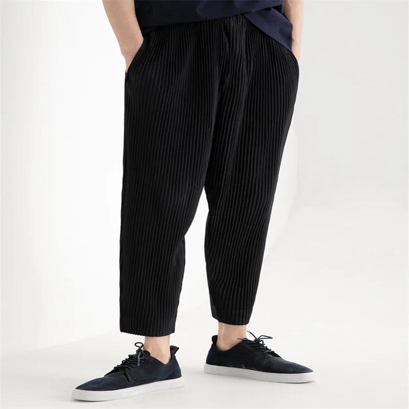 Miyake hommes été pantalon plissé décontracté plissé effilé neuf points pantalon cordon plissé confo
