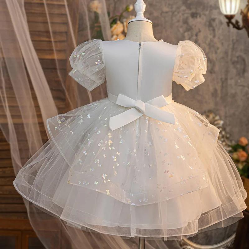Jupe moelleuse brodée de perles avec nœud pour filles, robe d'été en maille pour anniversaire de béb