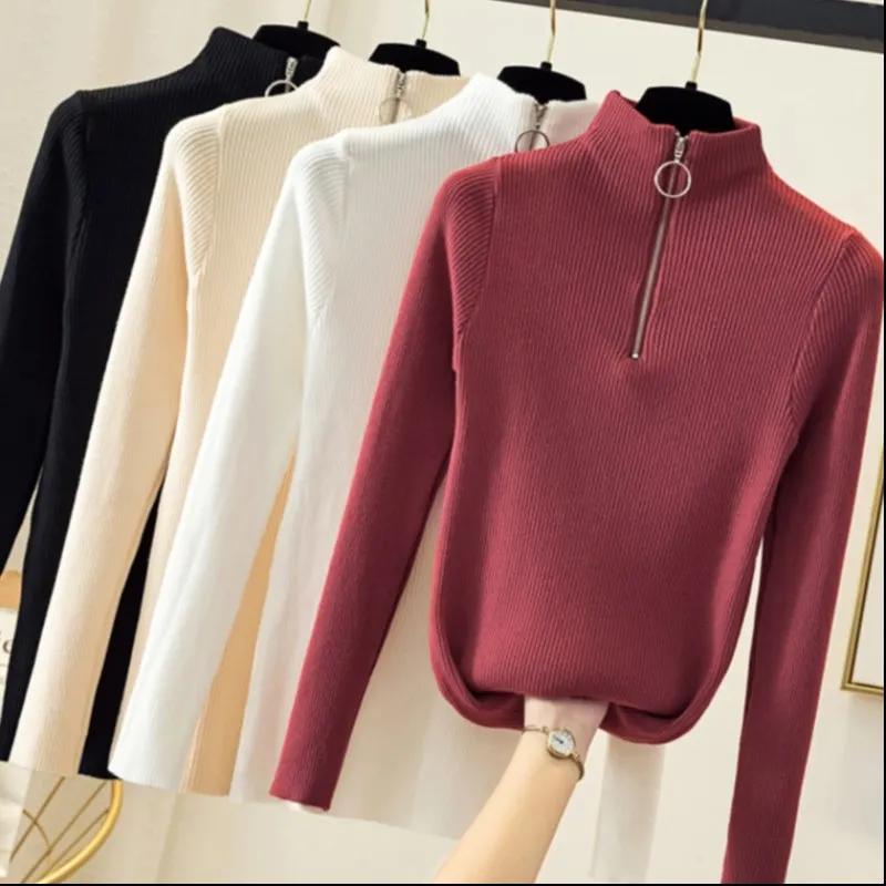 Tricoté femmes fermeture éclair demi col haut Pull pulls automne hiver basique femmes chandails minc