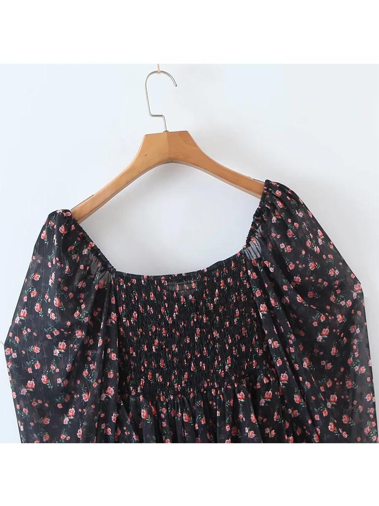 YENKYE automne mode femmes Vintage imprimé fleuri robe en mousseline de soie Sexy Semi-transparent à