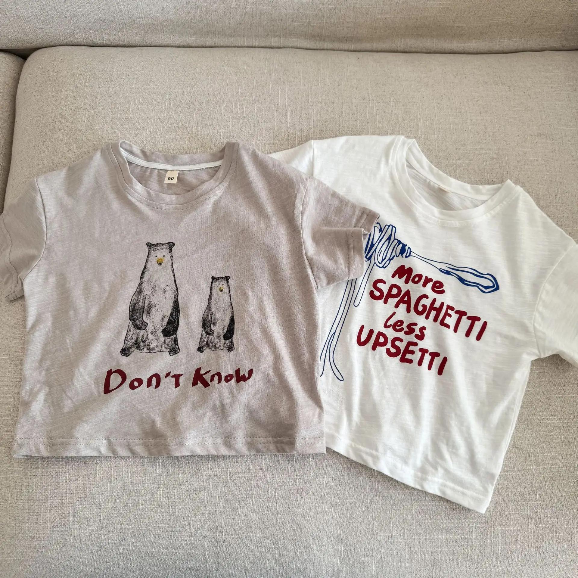 T-shirts à manches mi-longues pour enfants, amples, avec lettres de dessin animé imprimées, hauts po