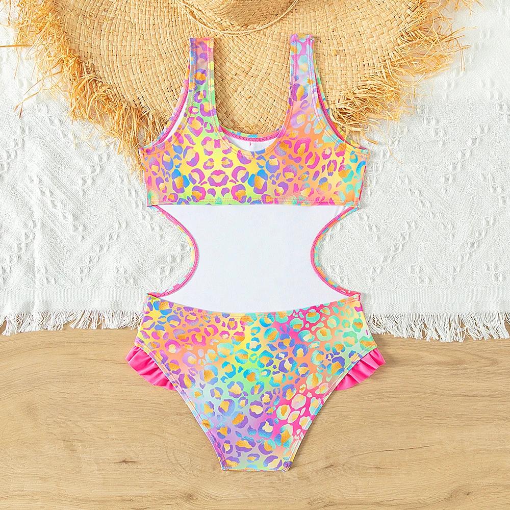 Maillot de bain une pièce pour filles, lumineux et coloré, avec nœud à volants, pour adolescentes, v