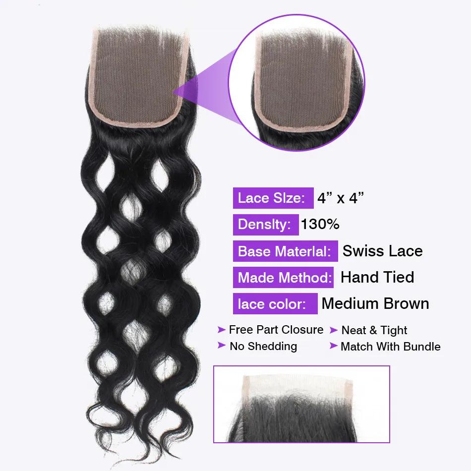 Extensions de Cheveux Péruviens Naturels Ondulés avec Fermeture, Mèches 100% Naturelles Remy, 4x4