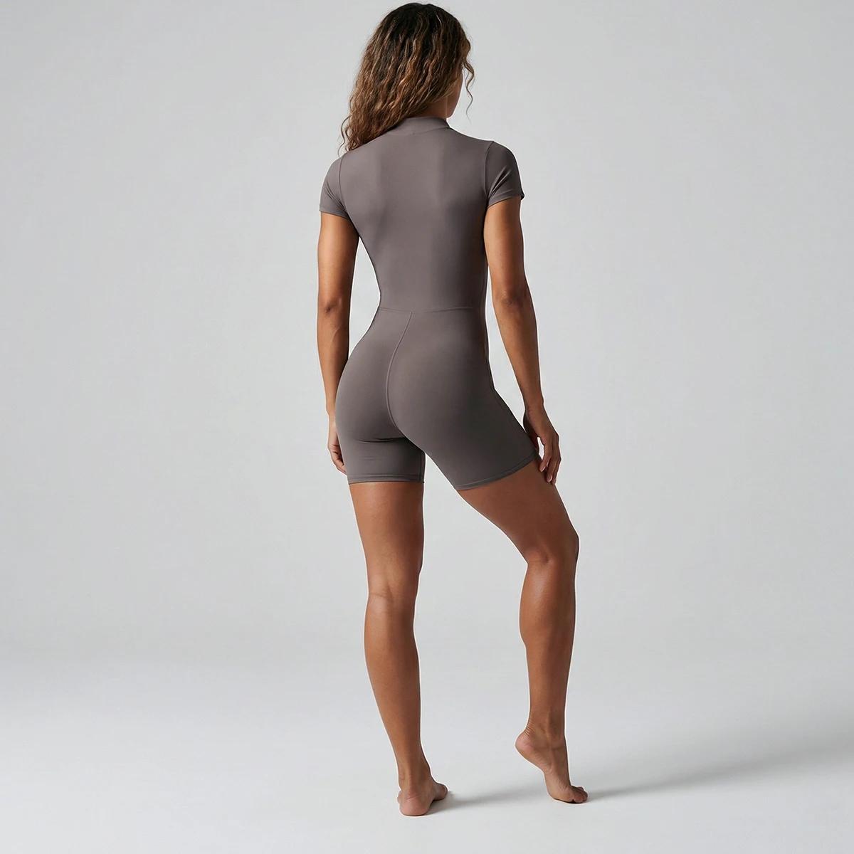 Nouvel ensemble de sport pour femme avec fermeture éclair, manches courtes, combinaison de yoga, bod