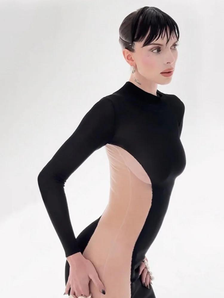 Robe transparente noire pour femme, pull long tambour, vêtements slim, streetwear sexy, patchwork en