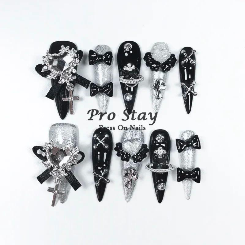 Faux ongles artificiels noirs foncés Y2k, faits à la main, à pression, doux et frais, avec diamant,