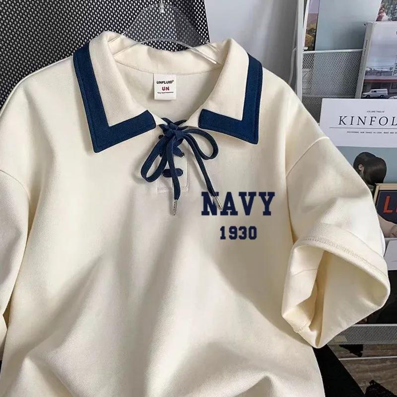 T-shirt à manches courtes pour femme, lettre de la marine imprimée, revers simple, style collège, co