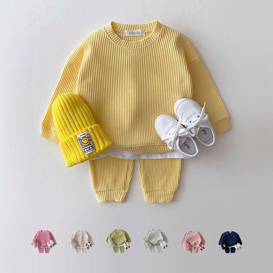 Ensemble de vêtements coréens pour bébés garçons, faux deux pièces en coton gaufré + pantalon, tenue