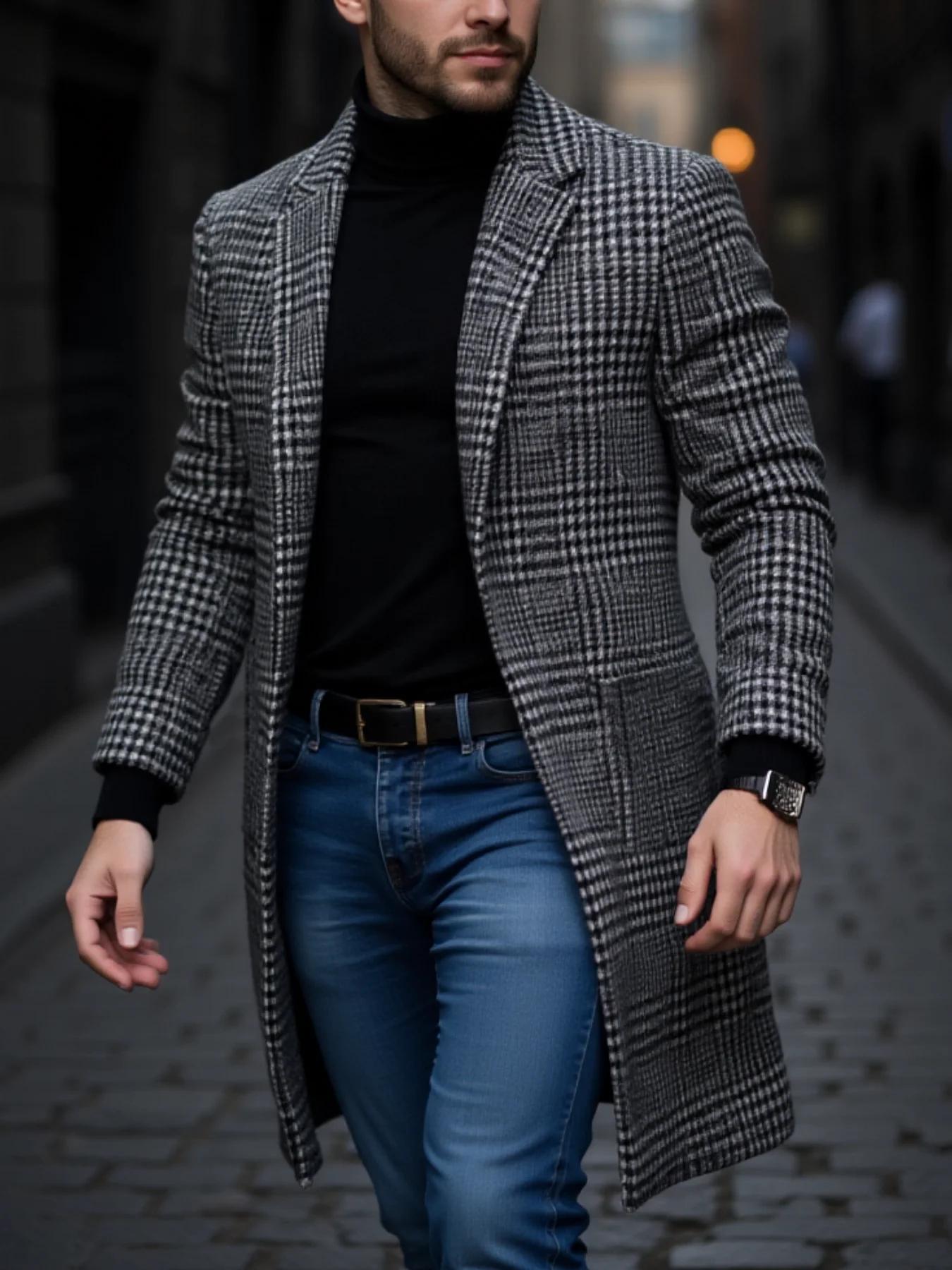 Nouveauté hommes en plein air épaissi chaud Trench manteau pied-de-poule automne hiver coupe-vent av
