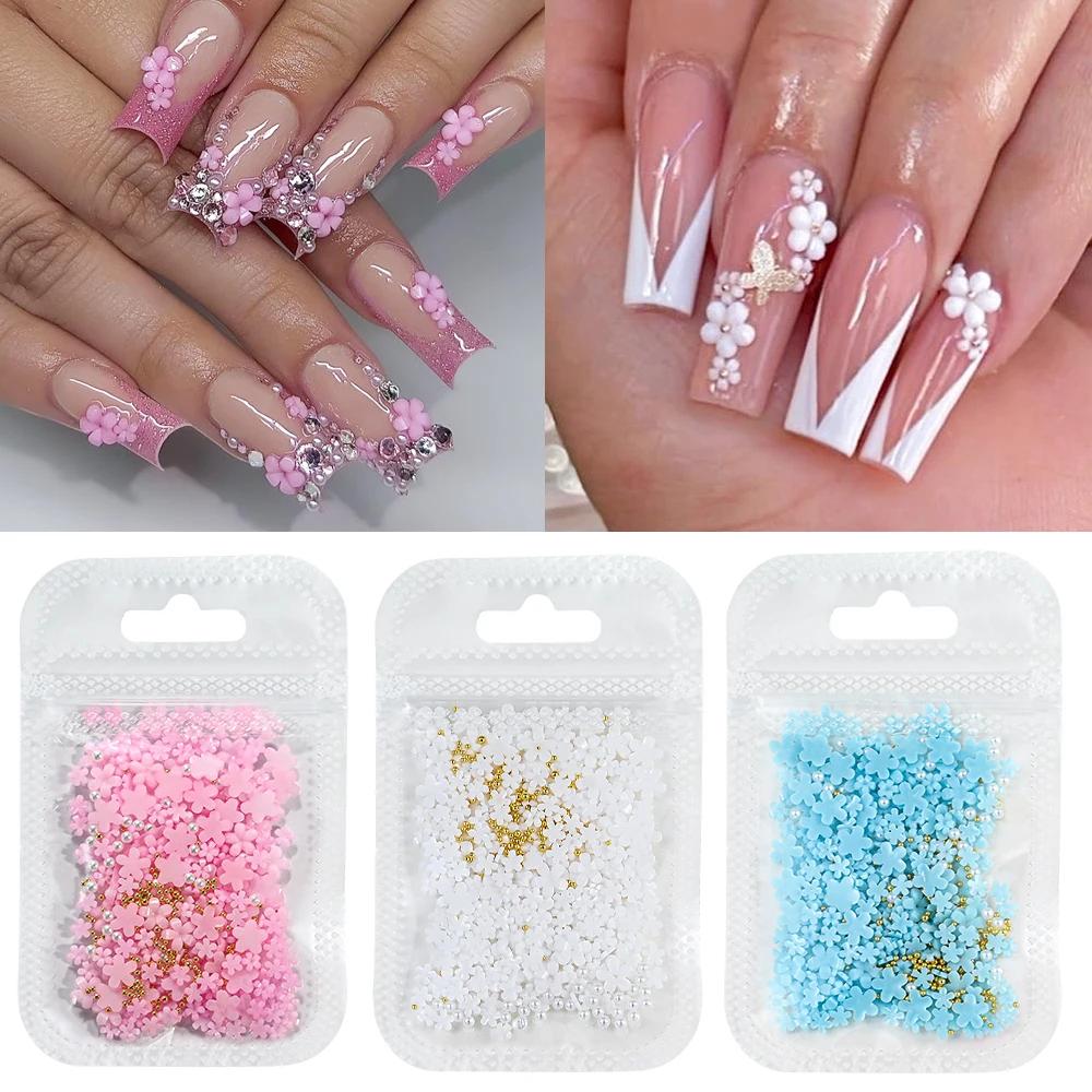500 pièces + rose blanc 3D acrylique fleurs Nail Art breloques résine cinq pétales fleur ongles stra