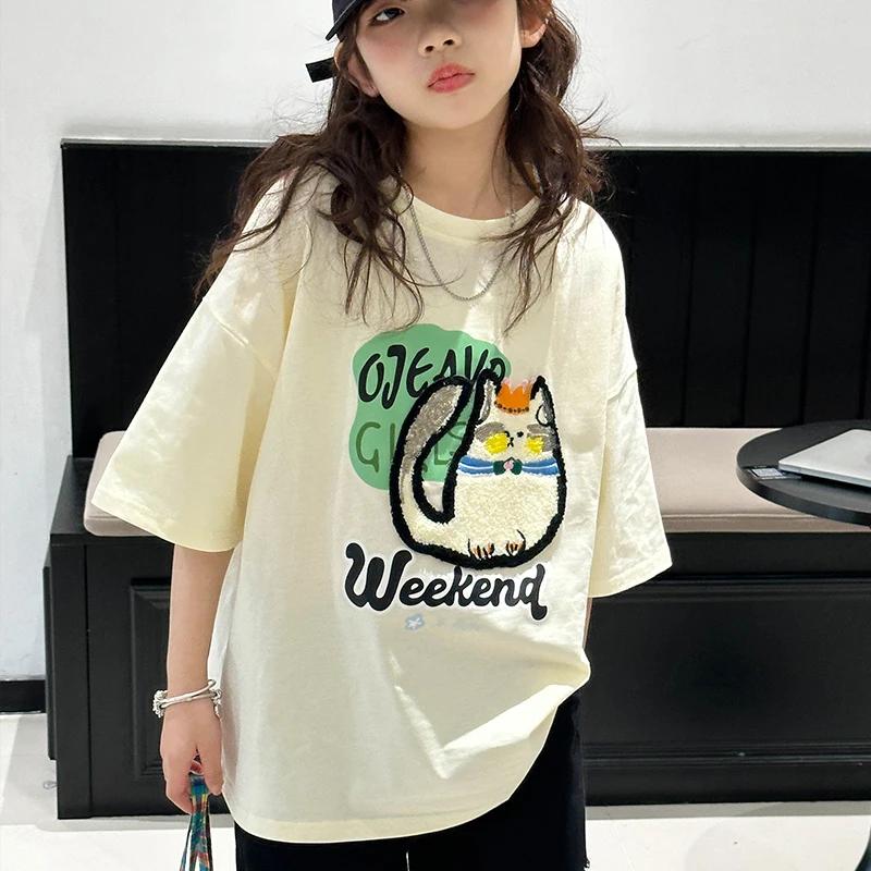 T-shirt à manches courtes pour filles, haut en coton pour enfants, vêtements d'été amples de style c