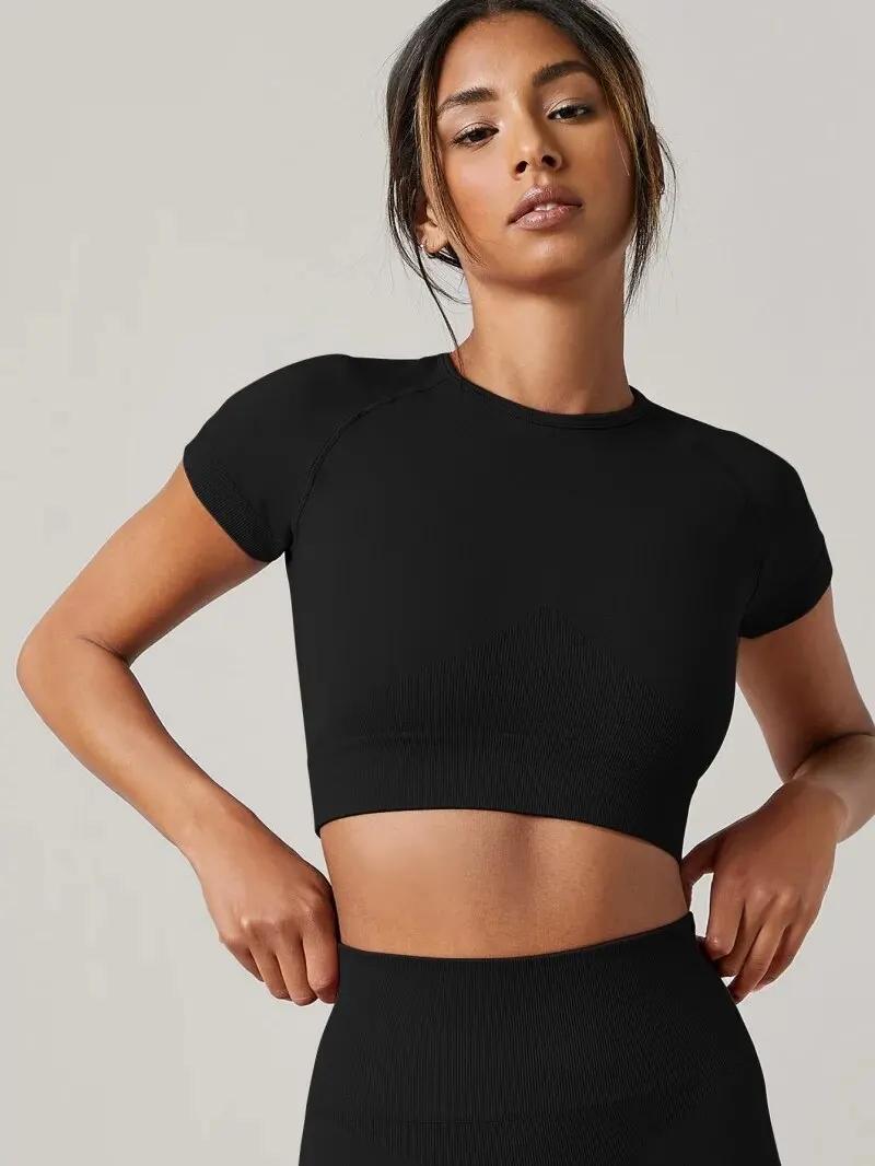 T-shirt de sport sans couture pour femme, haut de yoga, vêtements de fitness, chemise de gym, vêteme