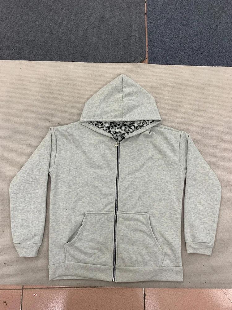 Automne/hiver léopard gris Double face sweat à capuche avec fermeture éclair hommes décontracté haut