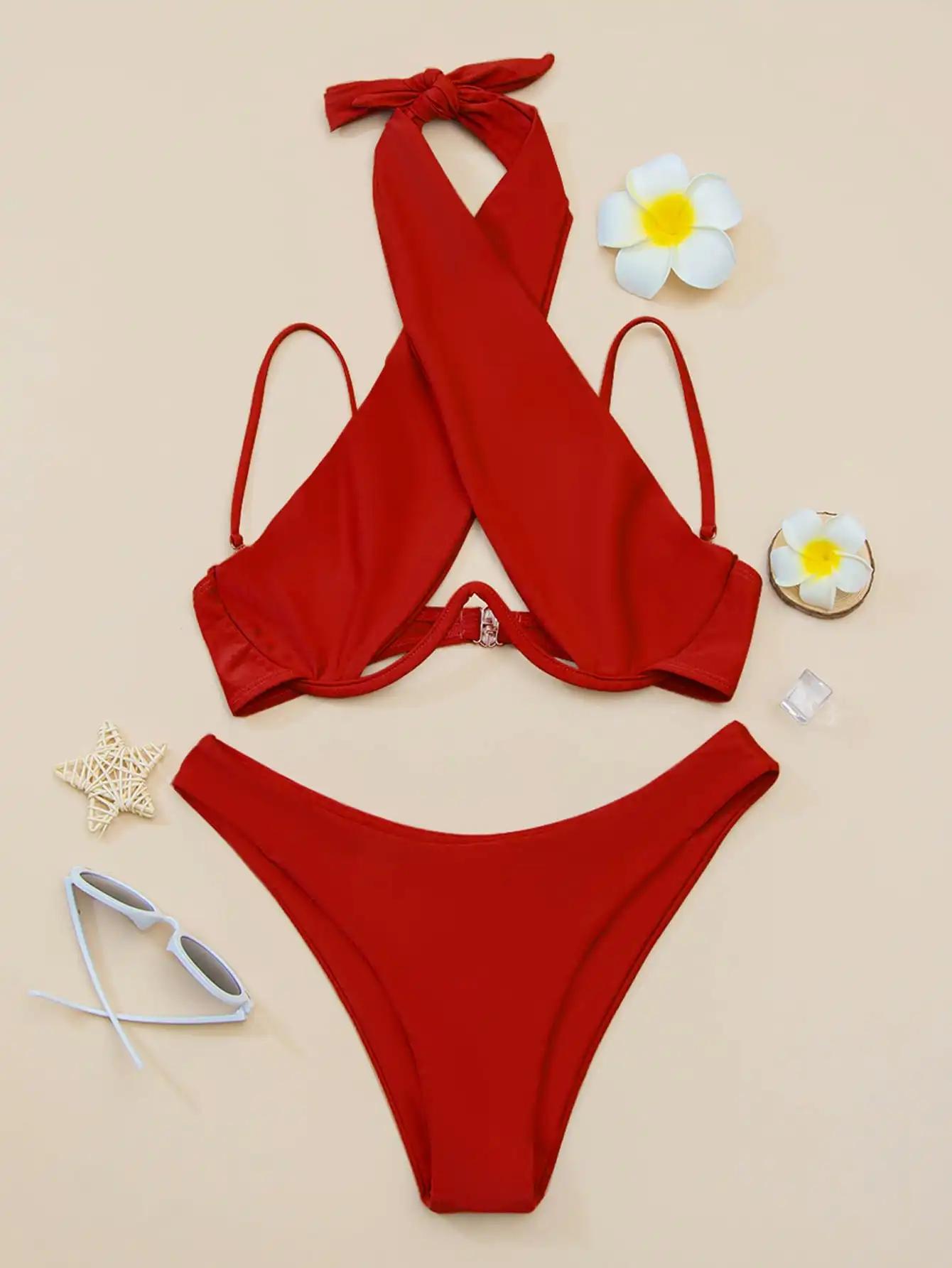 Bikini à bretelles croisées avec armatures 2026 Maillot de bain femme uni Push-up Maillot de bain fé